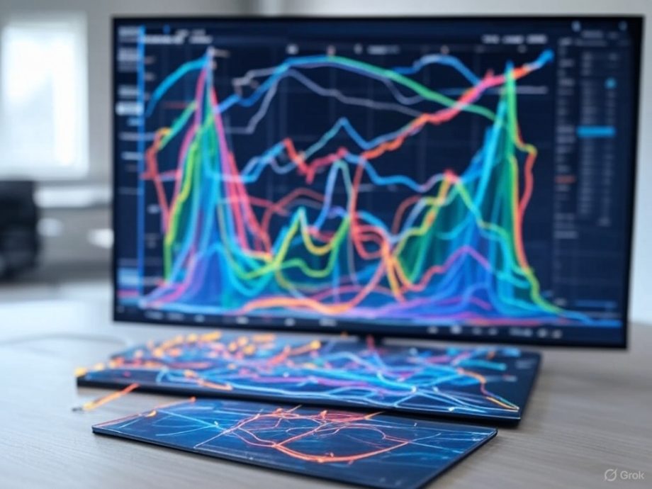 Computer monitor displaying colorful data visualization graphs with various line patterns.