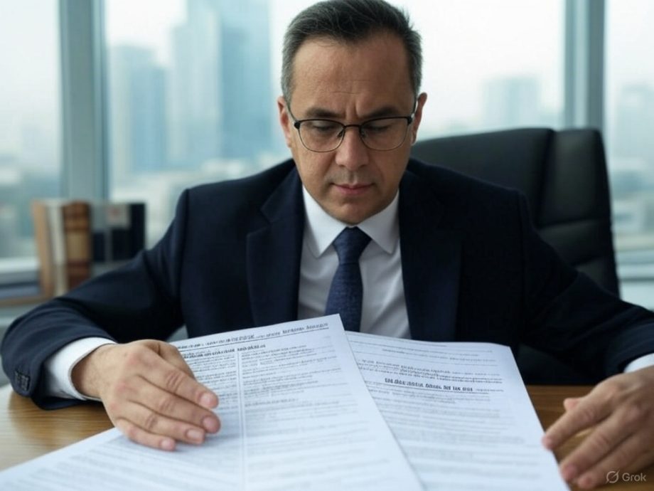 Businessman in a suit examining printed documents while seated at a desk in an office.
