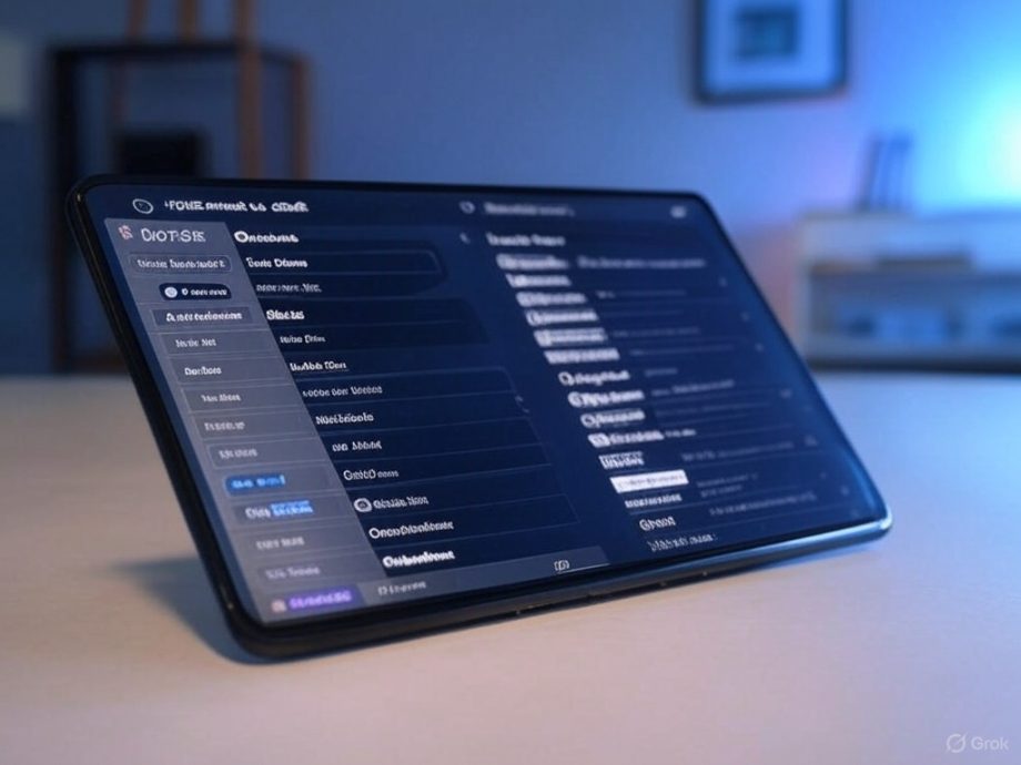 Tablet showing a software interface with various options and settings on the screen.